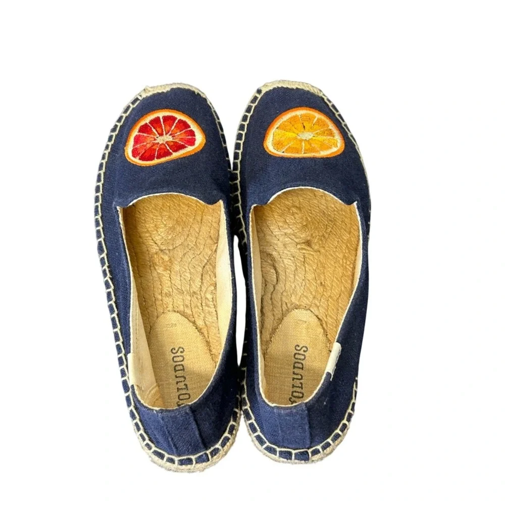 Soludos Navy Blue Citrus Fruit‎ Embroidered Espadrilles Size 7.5 Summer Shoe